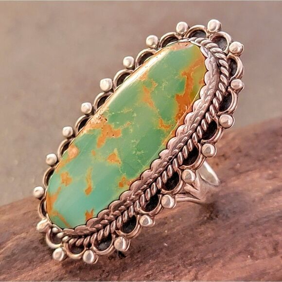 Vintage Navajo Beaded Large Oval Royston Turquoise Statement Ring - Picture 2 of 13